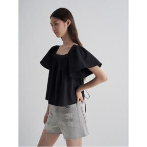 텍스처 반소매 블라우스 - 블랙