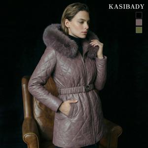 폭스퍼 양가죽 벨티드 퀼팅 다운 코트