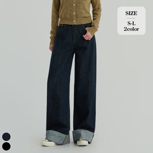 [브리치]  / 논페이드 생지 카브라 롤업 와이드 여성 데님 팬츠 (J2534)