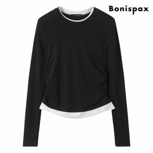 정상가:59,000원 ㅣ 라운드 배색 셔링 긴팔 티셔츠 (XP3LW002L0)