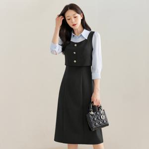 (~XXL까지) 즈온 셔츠 배색 레이어드 원피스 봄 가을 A라인 하객룩 오피스룩 모임룩 격식룩 빅사이즈