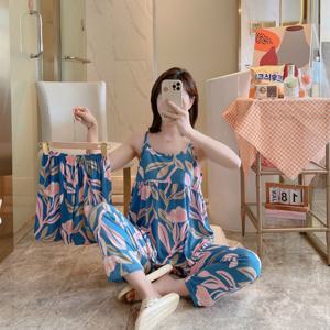 트로피칼 여성 3피스 잠옷 딥아쿠아 파자마 반바지 긴바지 세트 나시 여자 홈웨어