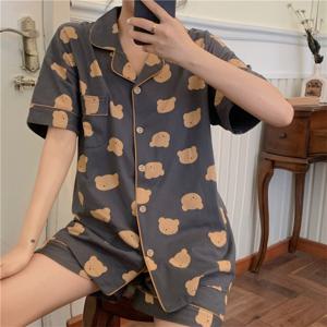 테디미니 차콜 여성 반팔 반바지 잠옷 체크 파자마 세트 여자 홈웨어