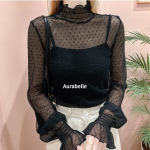 [하프클럽/모노무드] 아우라벨르 러플도트 레이스프릴시스루 블라우스 블랙