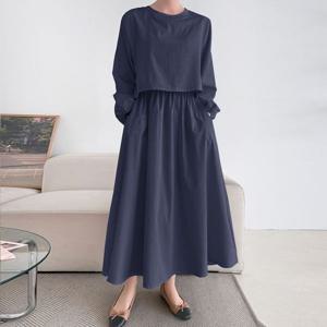 [하프클럽] 루즈핏 이중 밴딩 롱 원피스 A라인 봄 가을 하객룩 오피스룩