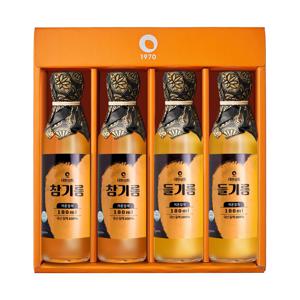 50년전통 대현상회 저온압착 국산 참기름 들기름 180ml 4병 선물세트 (선물케이스포장)