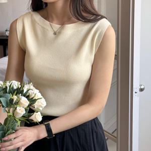 여성 쿨 보트넥 민소매 숏 니트 나시 아이스 이너티