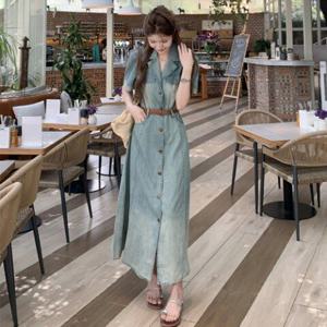 데님 워싱 테일러드 롱 봄 여름 티시데님롱원피스