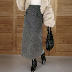 [하프클럽] 여성용 겨울 H라인 헤링본 롱 스커트 포켓 디자인