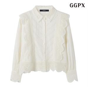 정상가 89,000원 페미닌 펀칭 버튼업 프릴 긴팔 블라우스 (GOCBA010D)