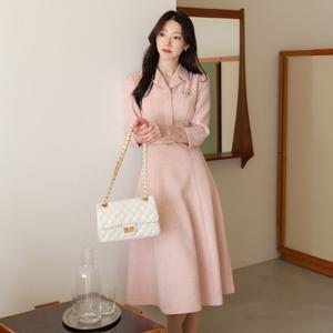 (~XXL까지) 디누 핑크 트위드 벨트 플레어 원피스 봄 가을 하객룩 오피스룩 모임룩 격식룩 빅사이즈