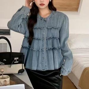 요거트 프릴 데님 자켓 블라우스_F4157