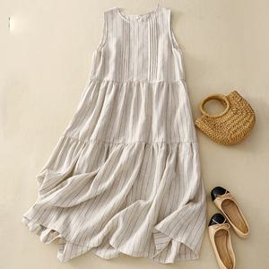 252285 - 핀턱 스트라이프 린넨면 롱원피스 루즈핏 빅사이즈 여름원피스 린넨원피스 면원피스 40대 50대 100사이즈 인견원피스