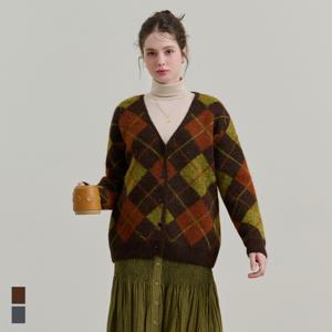[브리치] 더 소재 / 브이넥 아가일 체크 니트 롱 가디건 (SJK25077)