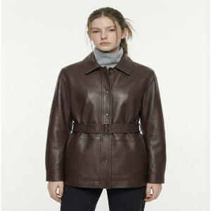 헤지스 여성 [[26SS]] HSJA6A106W3 [인기급상승] 벨티드 리얼 레더 자켓 다크브라운