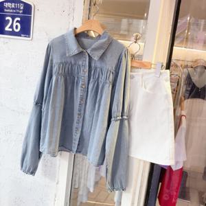 [브리치]  / fw 러블리 셔링 데님 청 블라우스