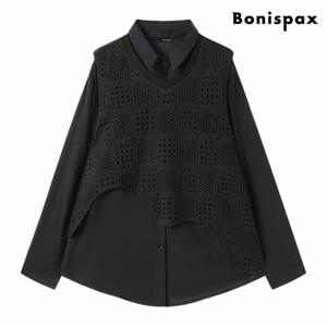 정상가:89,000원 ㅣ 펀칭 니트 베스트 레이어드 카라 셔츠 (XP4BA053L0)