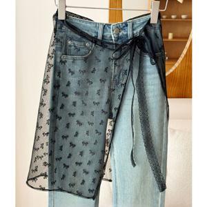 여성 힙커버 시스루 레이어드 랩스커트 1P 리본 레이스 랩업 레이어드스커트 랩업레이어드