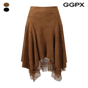 스웨이드 레이스 레이어드 언발 스커트 (GPASK008F)