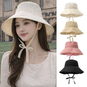 리본 스트랩 버킷햇 바스락 턱끈 챙 야외 벙거지 여성 여름 모자