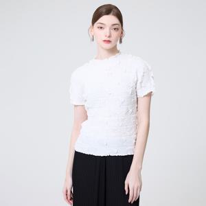 [최초가 198000원] 엠보 플리츠 프릴 라운드 반팔 블라우스_YI05WQPBL01