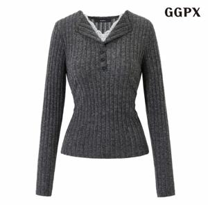 정상가 59,000원 골지 레이스 레이어드 반버튼 긴팔 티셔츠 (GPDLW011D)