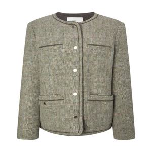 헤지스 여성 [[25FW]] HSJA5D901K1 [시즌오프]라운드넥 체크 트위드 자켓 라이트카키