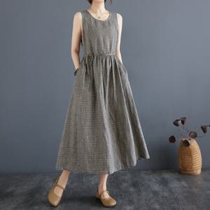 쿠잉 고방체크 민소매/나시 여성 데일리/휴가룩/여름 롱 원피스