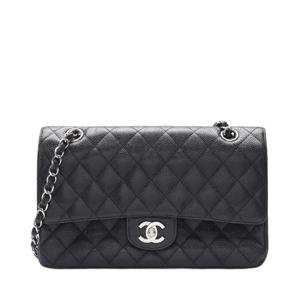 [중고명품]  블랙 캐비어 클래식 플랩 은장 체인 미듐 숄더백_(14463133)