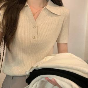 [브리치]  / 반오픈 단추 카라넥 반팔니트티 루즈핏 골지 니트티셔