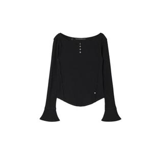 게스진 여성 플레어 소매 워싱 골지 긴팔티 YP3K2412_BLK