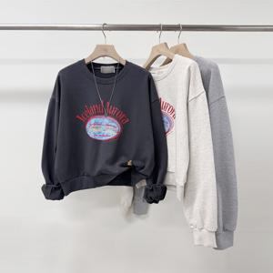 [브리치]  /  기모추가  오로라 그래픽 레터링 세미크롭 긴팔 맨투맨 티셔츠