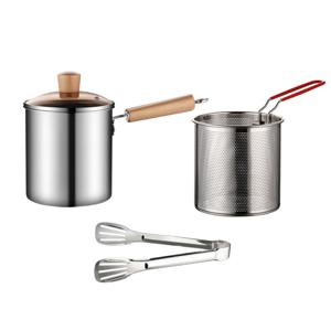 3pcs 304 스텐 프라이팬 가정용 꼬치튀김팬 인덕션 기름 절약 깊은 냄비 나무 손잡이+ 거름망