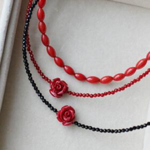 가나 김연아 목걸이 써지컬스틸 장미 레드 로즈 산호 레이어드