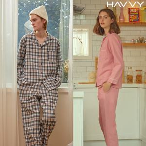 [하비] 2종세트 커플남녀 플란넬 면 파자마 잠옷세트