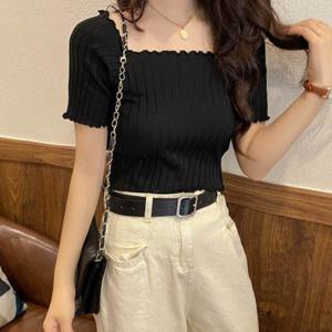 스모크 크롭탑 밴딩 숄더 귀여운 여름 코디 파스텔색