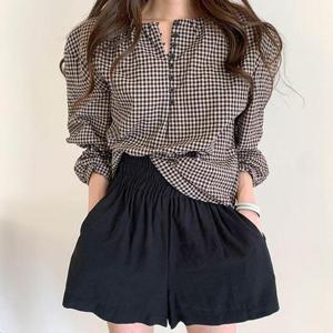 OHS CTDD1112 벌룬 소매 라운드넥 체크 블라우스