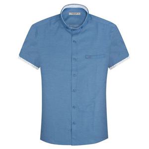 핀 도트 숏칼라 버튼다운 블루 반팔셔츠_SV7515