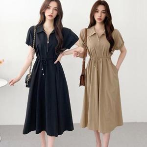 [시스터즈] 소매 밴딩 카라 허리끈 여성 롱 원피스