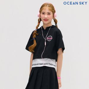 [오션스카이] 여아 크롭 레이어드 후드 반팔 티셔츠-DBJG5879D03