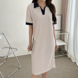 [한정/특가] 배색 오픈카라 반팔 원피스_C2405OP023B_D