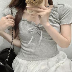 리본 포인트 셔링 세미 크롭 반팔 블라우스티 2color