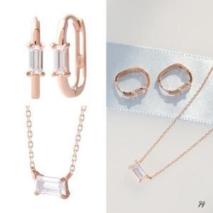 14K 스퀘어 사각 큐빅 원터치링 금 귀걸이 목걸이 세트