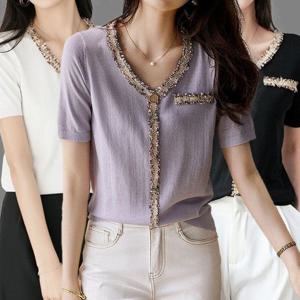 여성 썸머 여름 예쁜 반팔 브이넥 니트 티