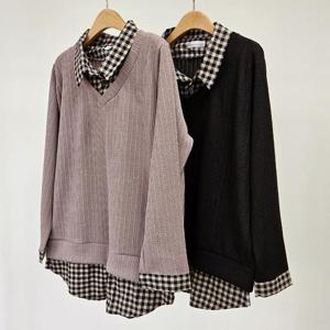 빅사이즈카라티 T014L410 드로우체크레이어드티 RI