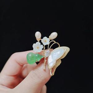옷핀브로치 자연주의 담수진주 자개 연옥 그린마노 골드 보석 브