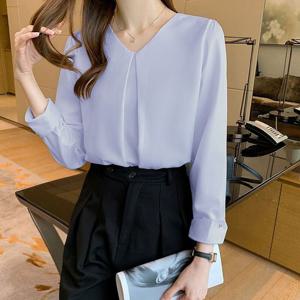 퍼프블라우스 깔끔 라인 새틴 절개 데일리 블라우스 블루그레이
