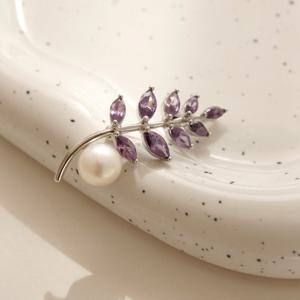 바이데이지 진주 퍼플 큐빅 나뭇잎 브로치 Bb0439