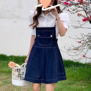 오버롤 F007272 A라인 데님 멜빵 미니원피스