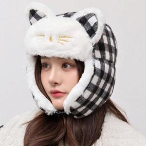 귀엽고 깜찍한 귀 고양이 체크 무늬 귀달이 모자